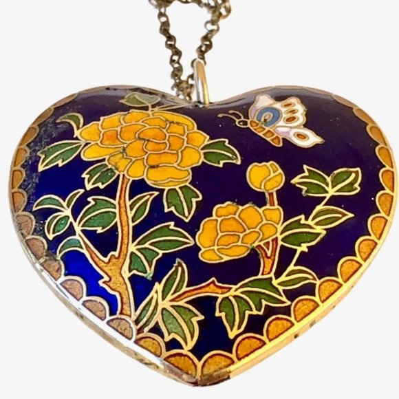 Vintage Cloisonne Large Heart Puffy Double Sided Enamel Pendant Necklace Red Blu - Picture 8 of 16
